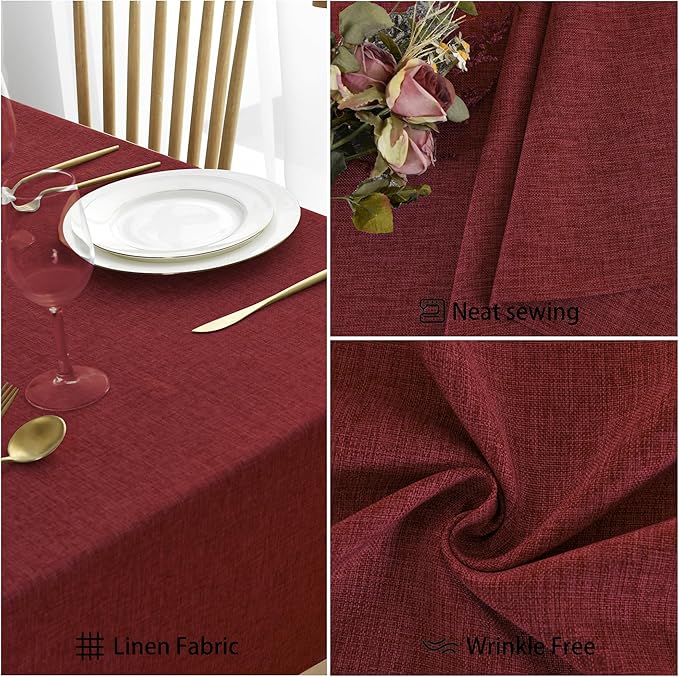 JIUZHEN Red Faux Linen Farmhouse Tablecloth Rectangular, Wrinkle Stain Resistant Table Cloth Rectangle Tablecloth Table Cover for Kitchen Dining, 54 x 120 Inch