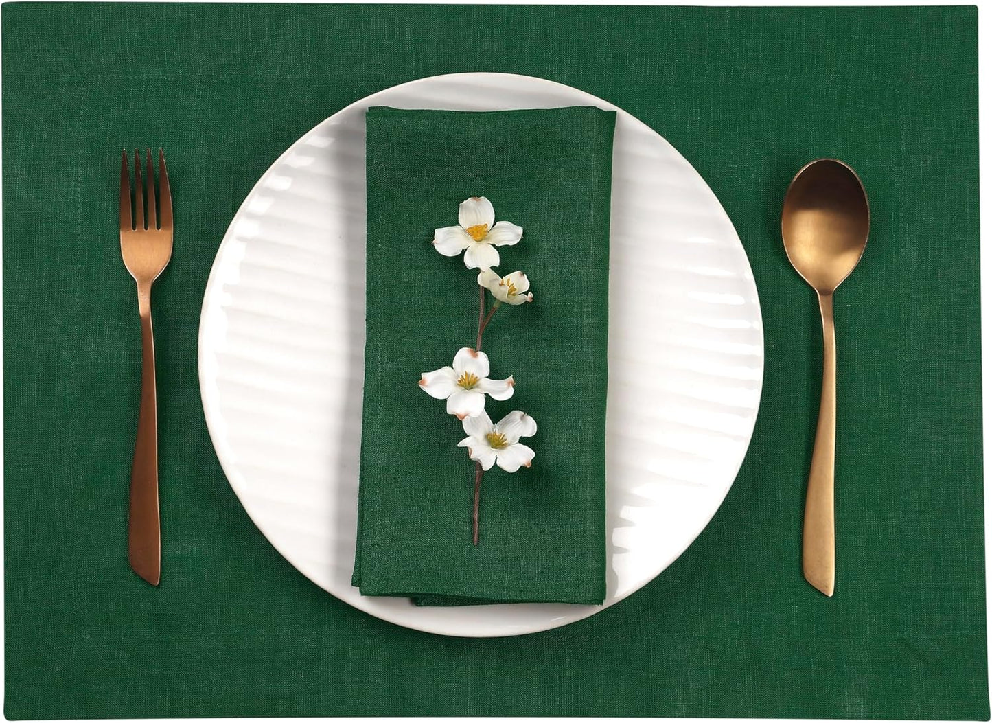 D'Moksha Homes Linen Forest Green Placemats Set of 4-100% Pure Linen Placemats 14 x 19 Inch for Fall, Autumn and Halloween - Handcrafted and Machine Washable