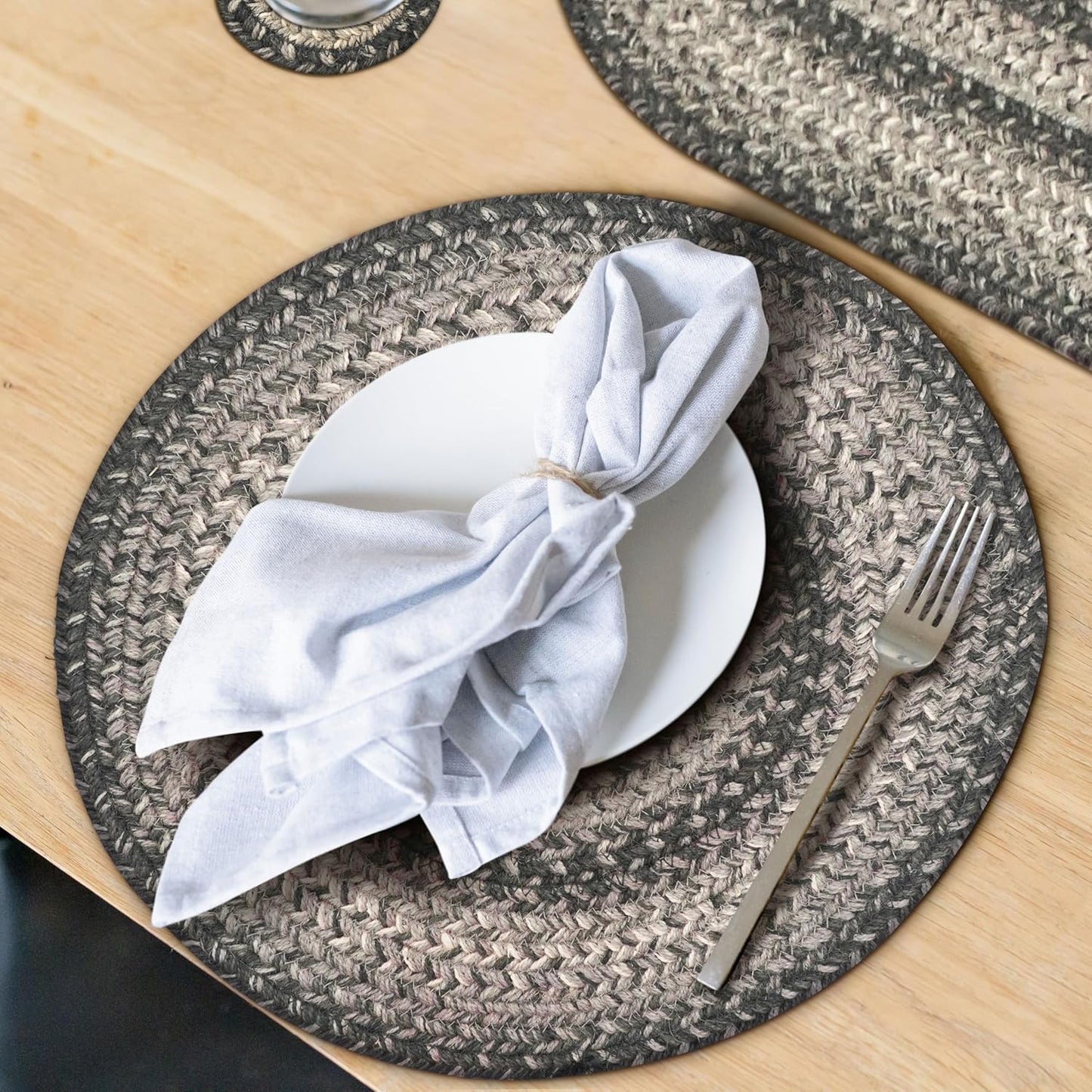 Flint Hill Round Braided Placemats, Warm Primitive Decor, Set of 2, 15", Grey Jute Table Mats - Vibrant Colors, Durable, Easy to Clean and Protects Furniture