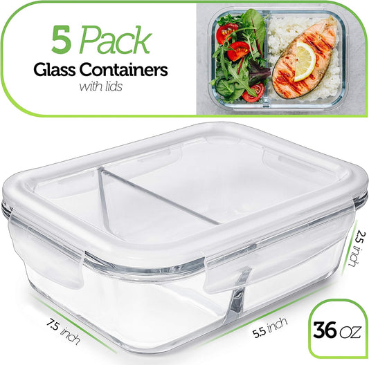 PrepNaturals 5 Pack 36 Oz Glass Meal Prep Containers - Dishwasher Microwave Freezer Oven Safe - Glass Storage Containers with Lids (Multi-Compartment)