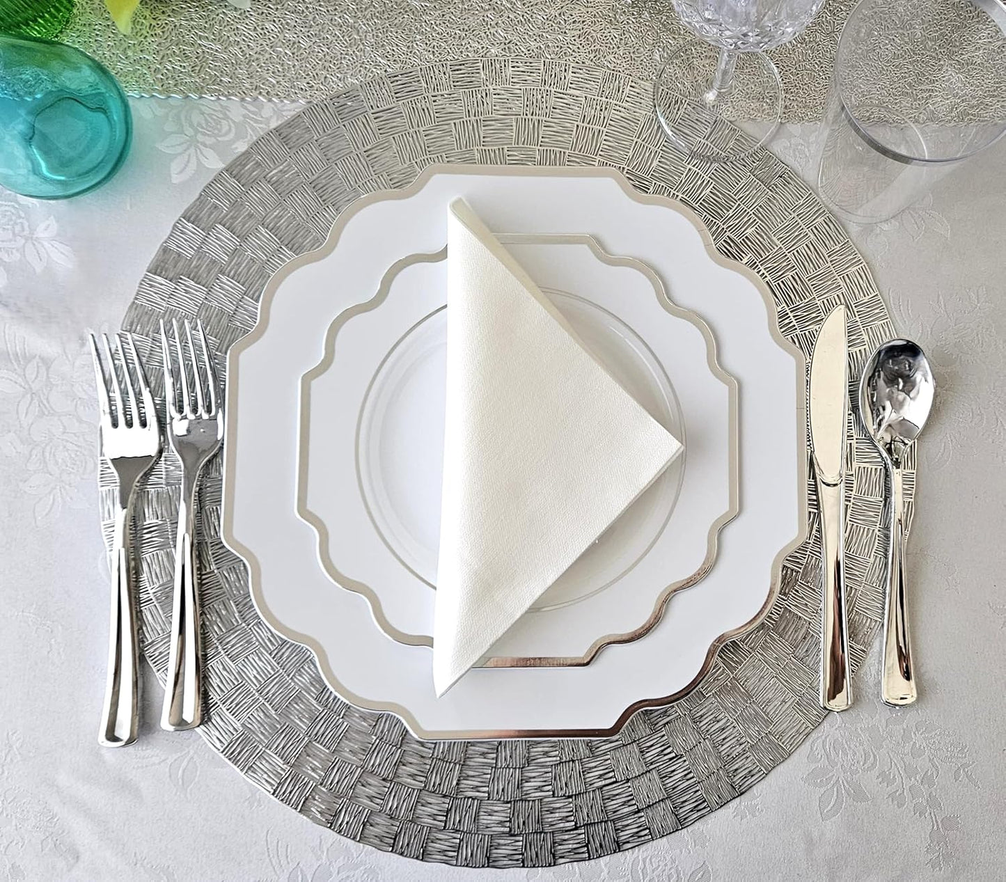 " OCCASIONS " 50 Plates Pack (25 Guests)-Heavyweight Wedding Party Disposable Plastic Plate Set -(25x10.5'' Dinner + 25x8'' Salad/Dessert) (Imperial in White & Silver Rim)