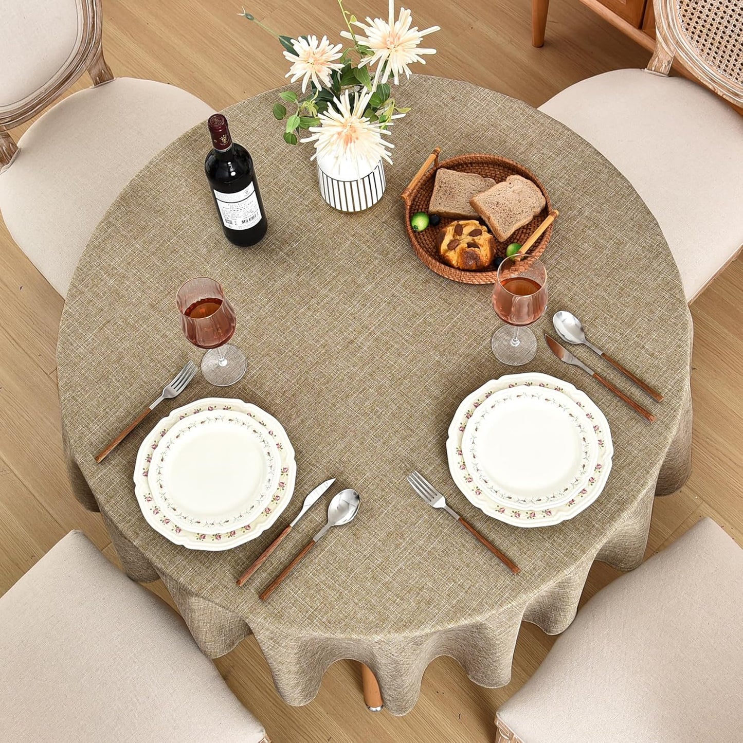 Fitable Faux Linen Round Tablecloths 60 Inch in Diameter - 2 Pack Faux Burlap Table Clothes for Kitchen, Dining Room, Party, Farmhouse, Outdoor (Great for 20"-48" Round Tables, Khaki)