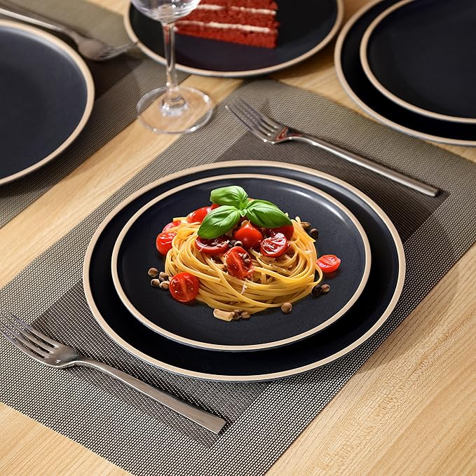 Melamine Dinnerware Sets for 4,12 Pcs Plate and Bowl Set,Unbreakable dish set,BPA Free,Suitable Indoors And Outdoors (Matte Black)