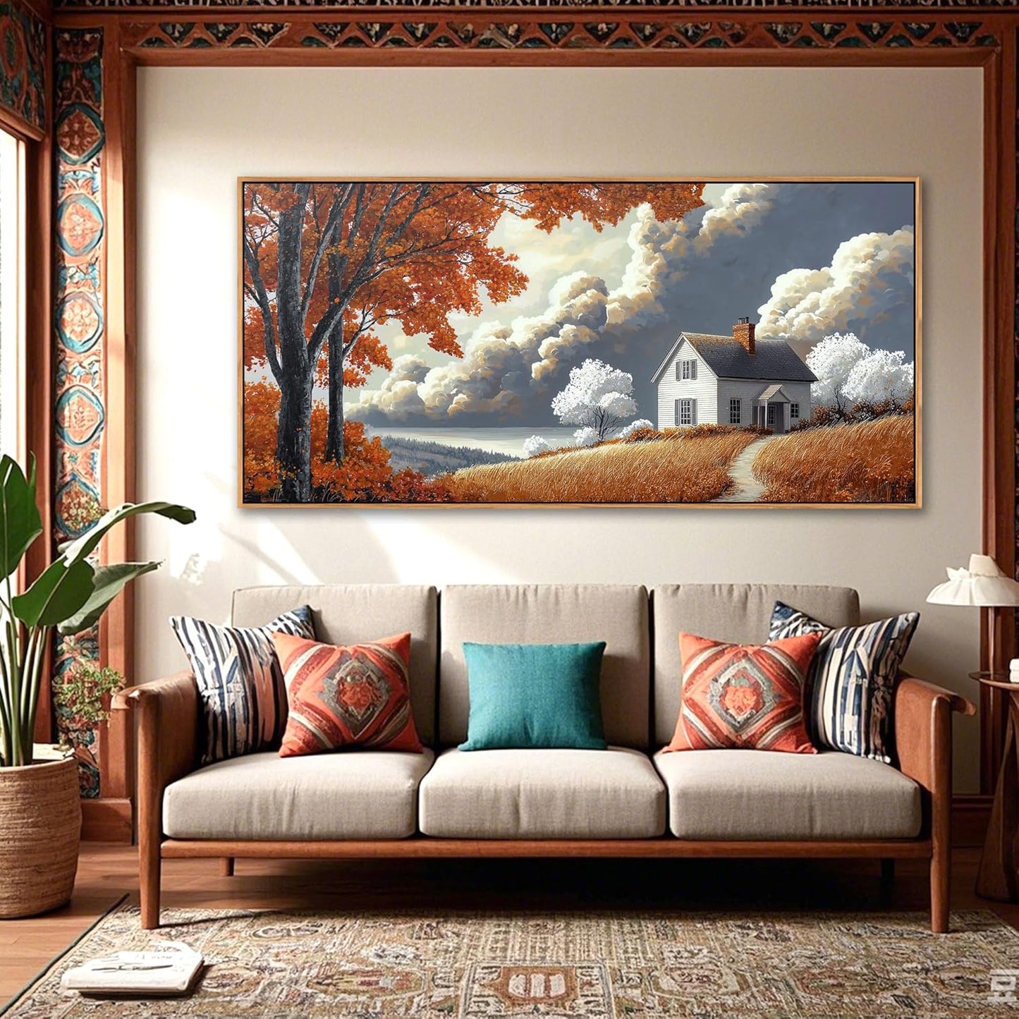 QZQCBLC Large Canvas Wall Art, White Clouds Orange Trees Gallery Pictures Farmhouse Cottage Painting Framed Artwork for Living room Bedroom kitchen Home Office Wall Decor 29x58 IN