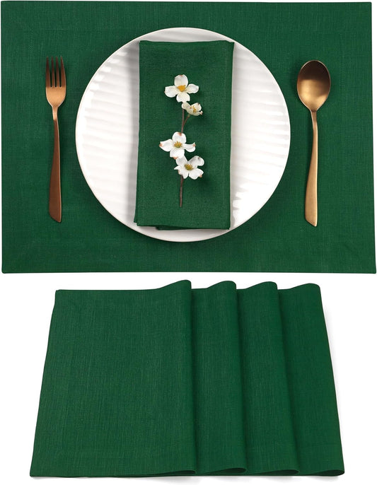 D'Moksha Homes Linen Forest Green Placemats Set of 4-100% Pure Linen Placemats 14 x 19 Inch for Fall, Autumn and Halloween - Handcrafted and Machine Washable