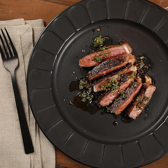 Gibson Elite Winchester Way 12-Piece Embossed Stoneware Dinnerware Set – Reactive Matte Glaze, Durable Lightweight-Tech Plates & Bowls, Everyday Dish Set, Microwave & Dishwasher Safe – Black