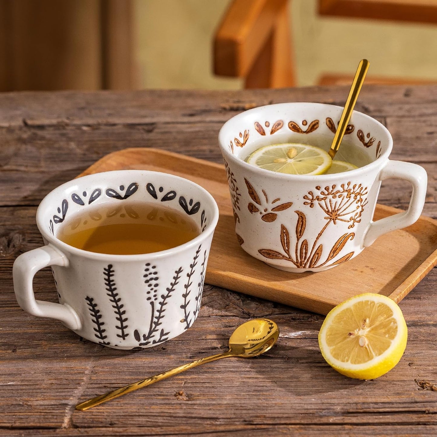 Ceramic Mugs Set of 4, 11oz Cups Set & 4 Gold Spoons, Large Coffee Mugs, Unique Embossment Plant Cups for Latte Tea Cappuccino Mocha Cocoa, Housewarming Wedding Gifts Microwave Dishwasher Safe