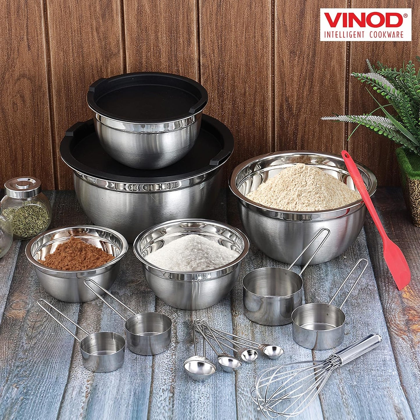 Vinod Cookware Heavy Duty Flat Bottom Stainless Steel Mixing Bowls with Lids, Measuring Cups, Measuring Spoons, Spatula & Stainless Whisk - Bowls for Meal Prep, Cooking, Mixing & Serving - Set of 5