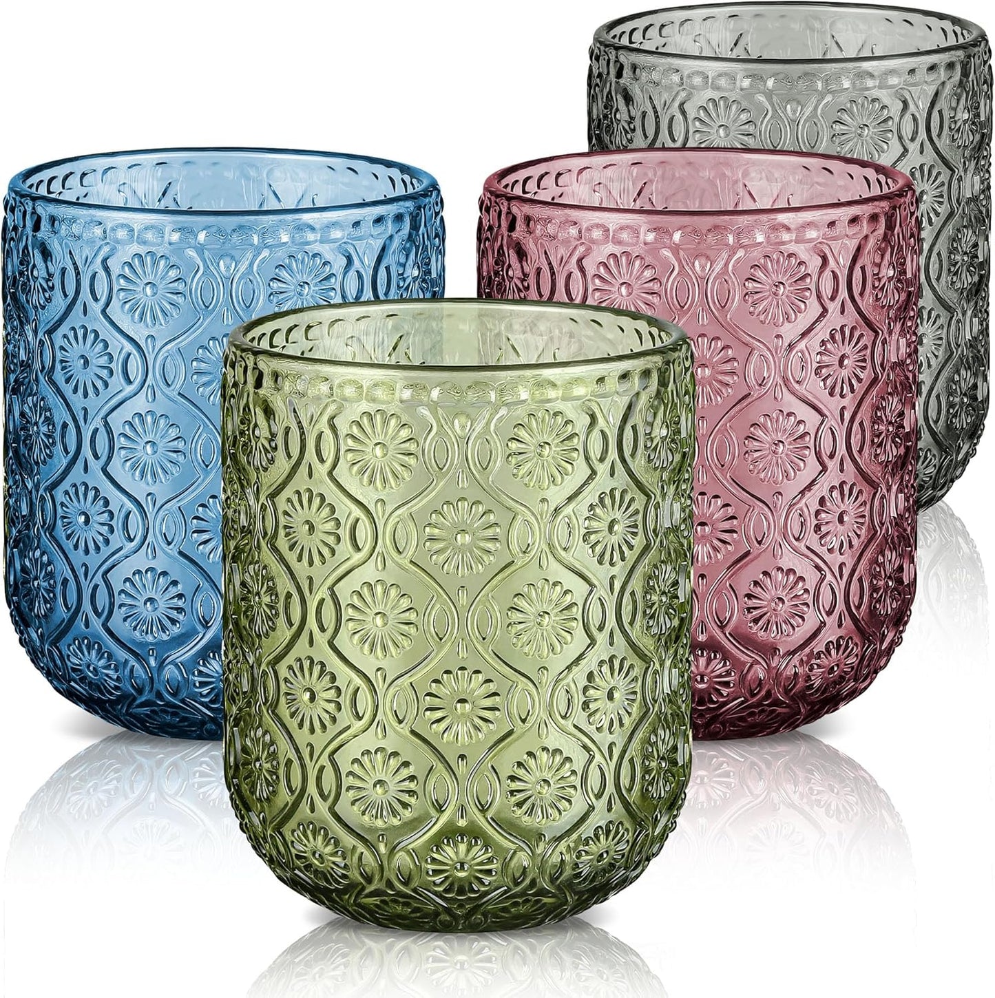 Joeyan Small Drinking Glasses,Vintage Embossed Floral Water Glass Tumbler Cups,Colored Beverages Cocktail Juice Wine Glassware,Multicolor,9 oz,Set of 4,Dishwasher Safe