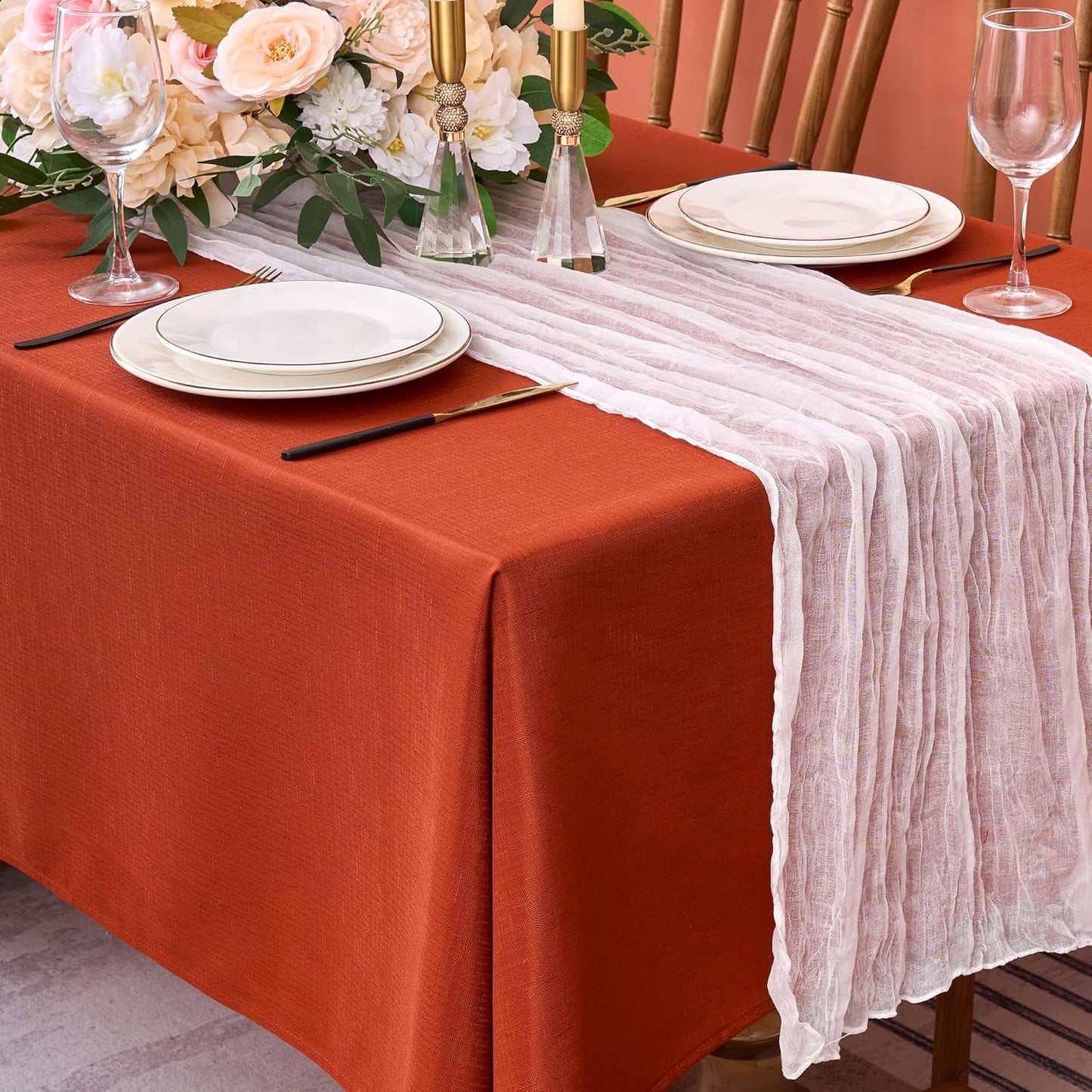 Fitable 2 Pack Faux Linen Fall Tablecloths, Wrinkle Proof Fabric Table Cloth Rectangle, Burlap Textured Table Covers for Thanksgiving Holiday Autumn Dinner Party Farmhouse (Rust, 60 x 84 Inch)