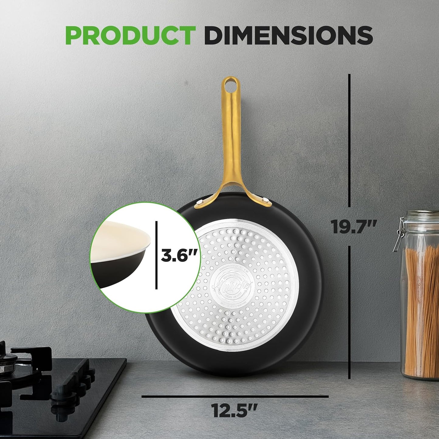 NutriChef 12-Inch Professional Ceramic Frying Pan - Large Skillet with Golden Titanium Handle, Non-Stick Ceramic Coating, Stain-Resistant, Easy to Clean, Ideal for Home Cooking