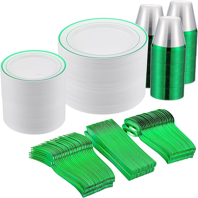 300 PCS Green Plastic Dinnerware Set for 50 Guests,Green Rimmed Heavy Duty Plastic Disposable Plates for Party Wedding-50 Dinner Plates,50 Dessert Plates,50 Silverware Set,50 Cups