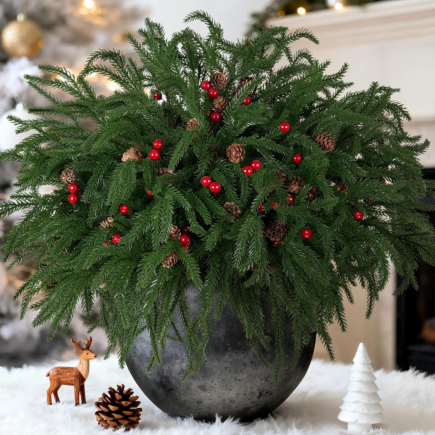 Artificial Norfolk Pine Stems for Christmas Decorations, 10 Pcs 18 inch Fake Pine Cone Branches Red Berry for Vases Garland Real Touch Faux Greenery Evergreen Plants for Xmas Home Decor Indoor