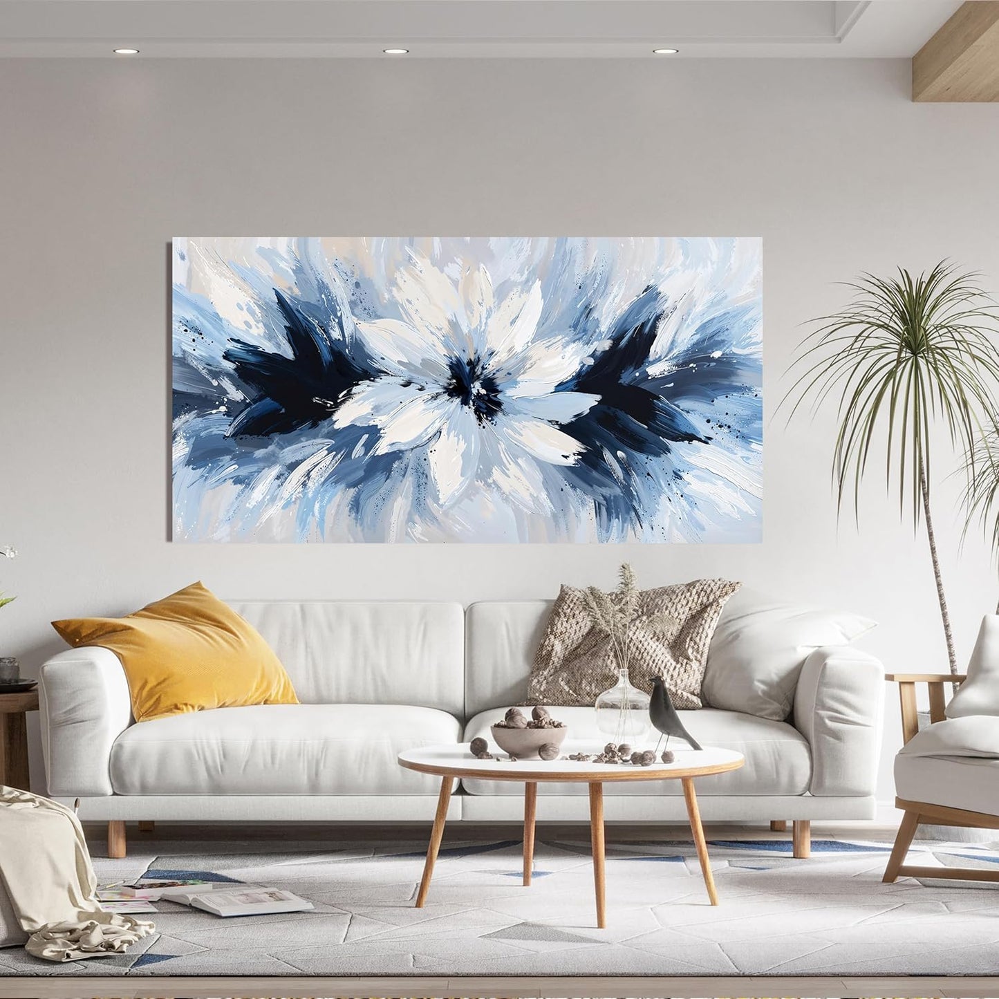 Abstract Canvas Wall Art Decor Large Wall Art For Living Room White Flower Wall Art Prints Modern Blue Wall Art Pictures 24" X 48" Abstract Canvas Art Wall Decor Artwork for Walls Bedroom Office Decor