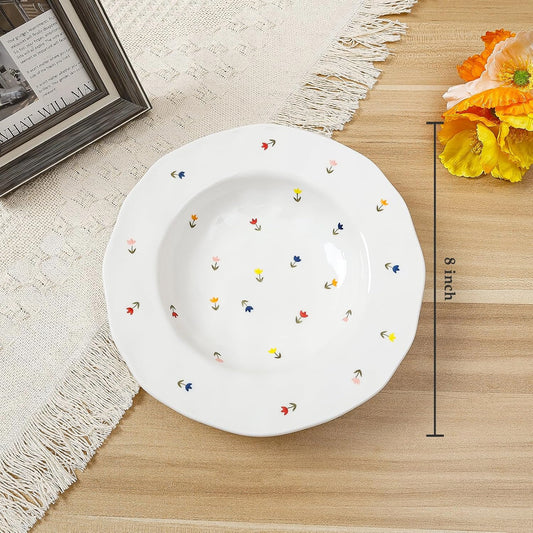 Koythin Ceramic Straw Hat Ramen Bowl Set, Pasta Bowls, Salad Serving Bowl for Noodle, Dinner, Salad, Microwave Dishwasher Safe (Little Tulip)