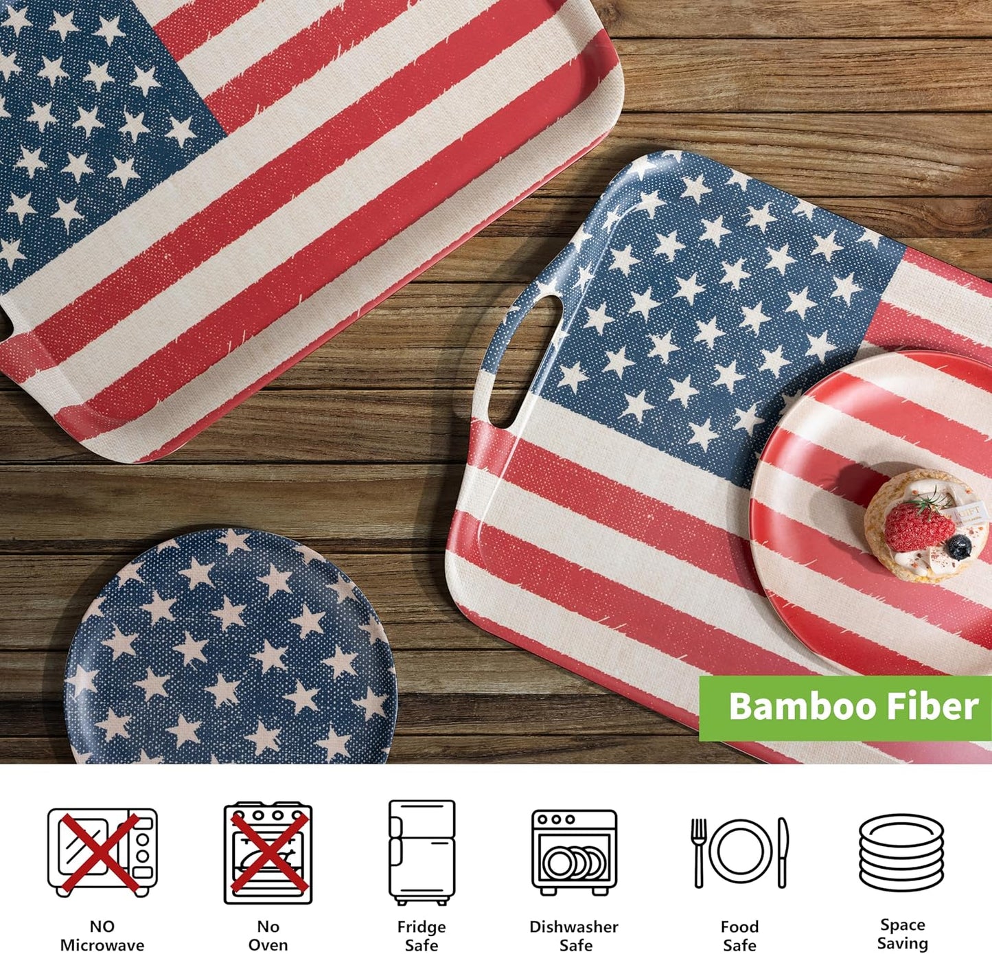 KINGEN 2-Pack Patriotic Bamboo Fiber Serving Trays - 18×13-inch Extra Large w/Handles Tray, Stars & Stripes Platters for 4th of July, Christmas, Birthday, BBQ, Party - Red, White & Blue Decor