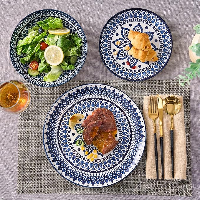 Bestone Porcelain Dinnerware Sets Service for 4, 12 pcs Hand drawn Plates and Bowls Sets, Handmade Ceramic Dish Set, Chip Resistant Modern Plate Set, Dishwasher/Microwave Safe，Vintage Blue