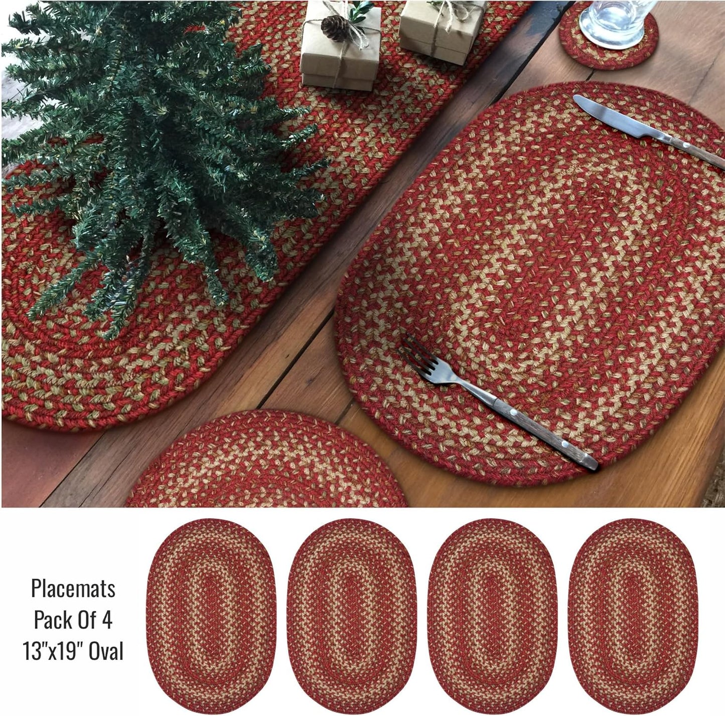 Homespice Apple Pie Jute Braided Placemats, Warm Country Decor, Set of 4, Red 13x19 Oval Table Mats - Vibrant Colors, Durable, Easy to Clean and Protects Furniture