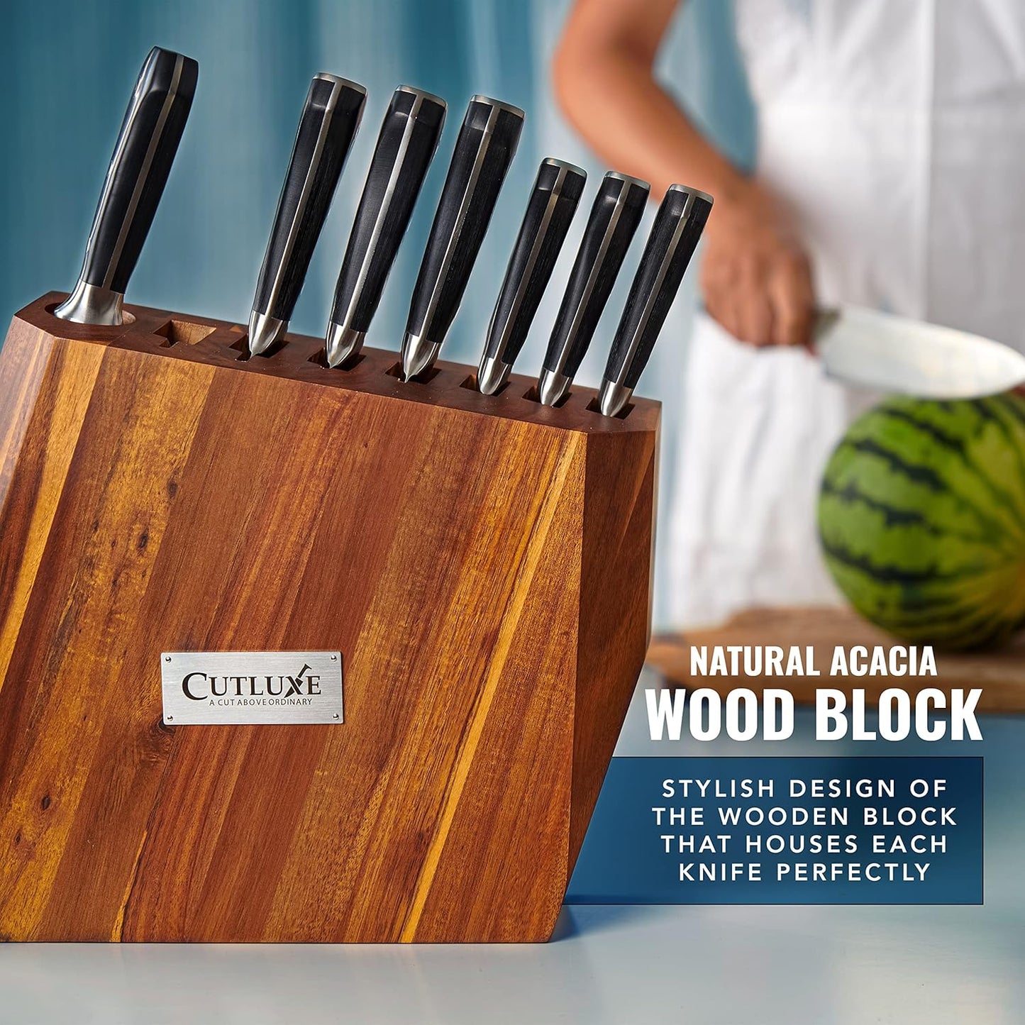 Cutluxe Kitchen Knife Set – 8 Pcs Professional Chef Knife Set with Block – Razor Sharp Knives with Full Tang Design, High Carbon German Steel, Natural Acacia Wood Block – Artisan Series