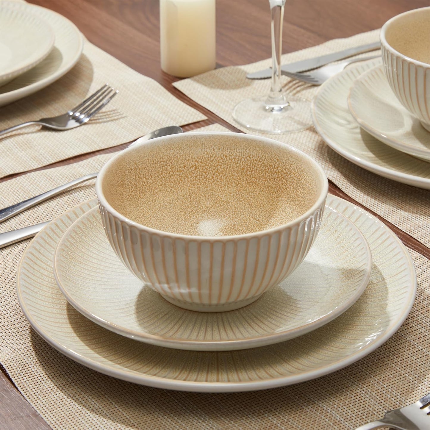 Ceramic Dinnerware Sets for 4, 12 Pieces Embossed Stoneware Plates and Bowls Sets, Scratch Resistant Dish Sets, Distinctive Granulated Surface, Housewarming Wedding Gift, Brown