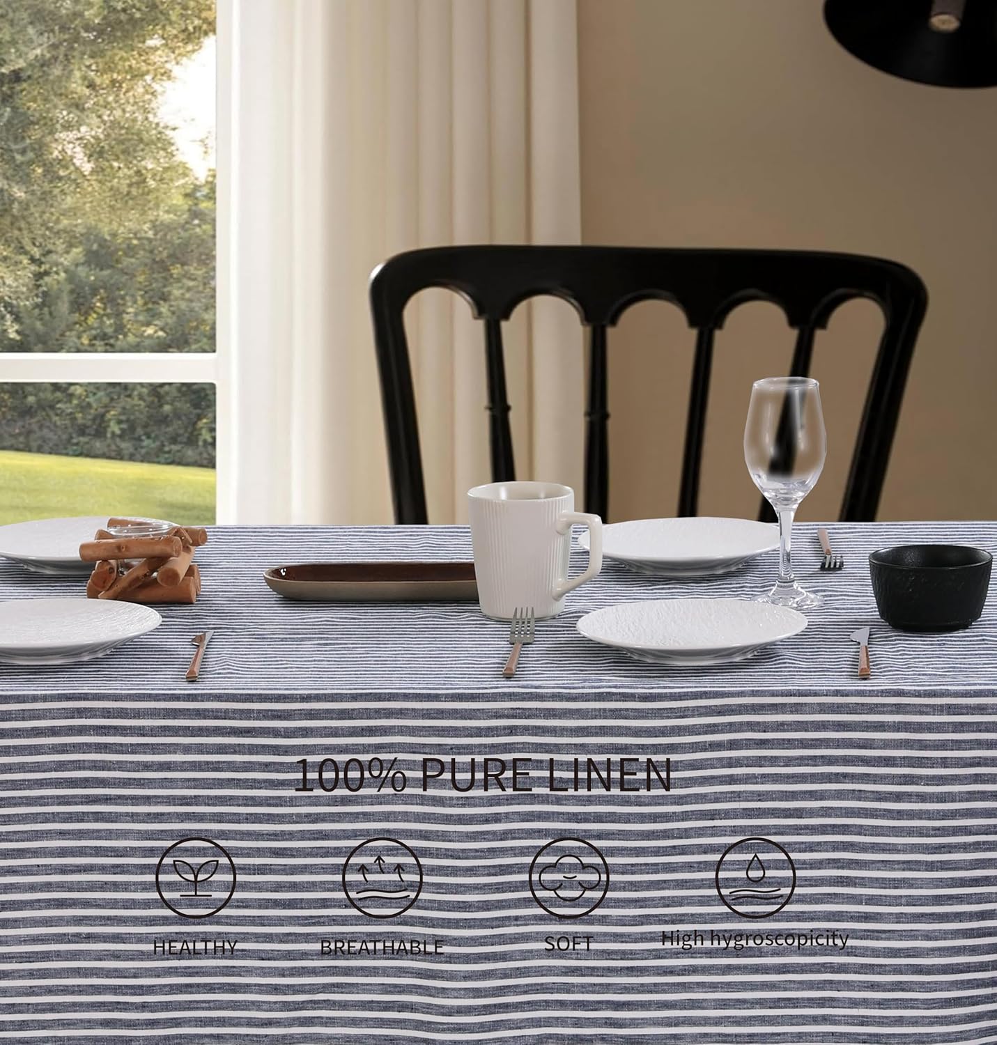 100% French Flax Linen Tablecloths Scalloped Embroidery Rectangle 120Lx60W Inch for Dinners, Parties, Spring, Machine Washable, 10-12 Sets, Blue Stripe(Edges-Blue)