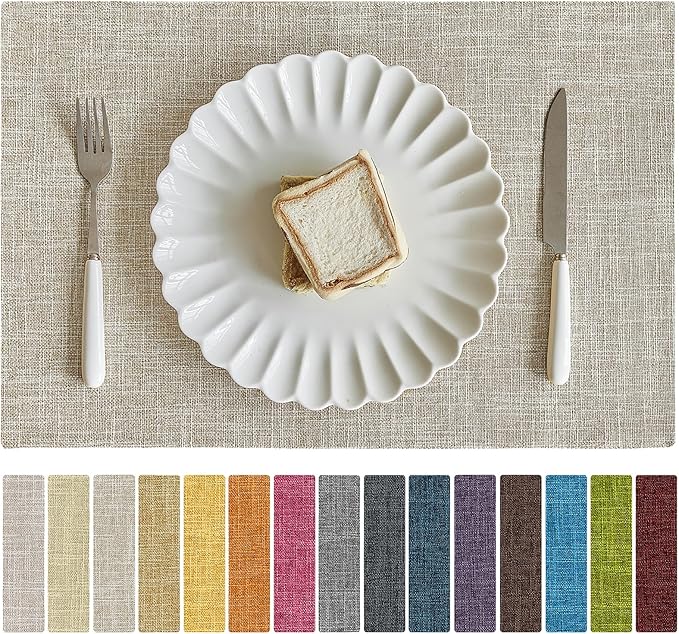 Softalker Faux Linen Placemats Set of 8-12 x 18 Inch, Heat Resistant Double Layered Durable Burlap Farmhouse Place Mats, Non-Slip Washable Rustic Table Mats for Dining, Kitchen, Party（Beige