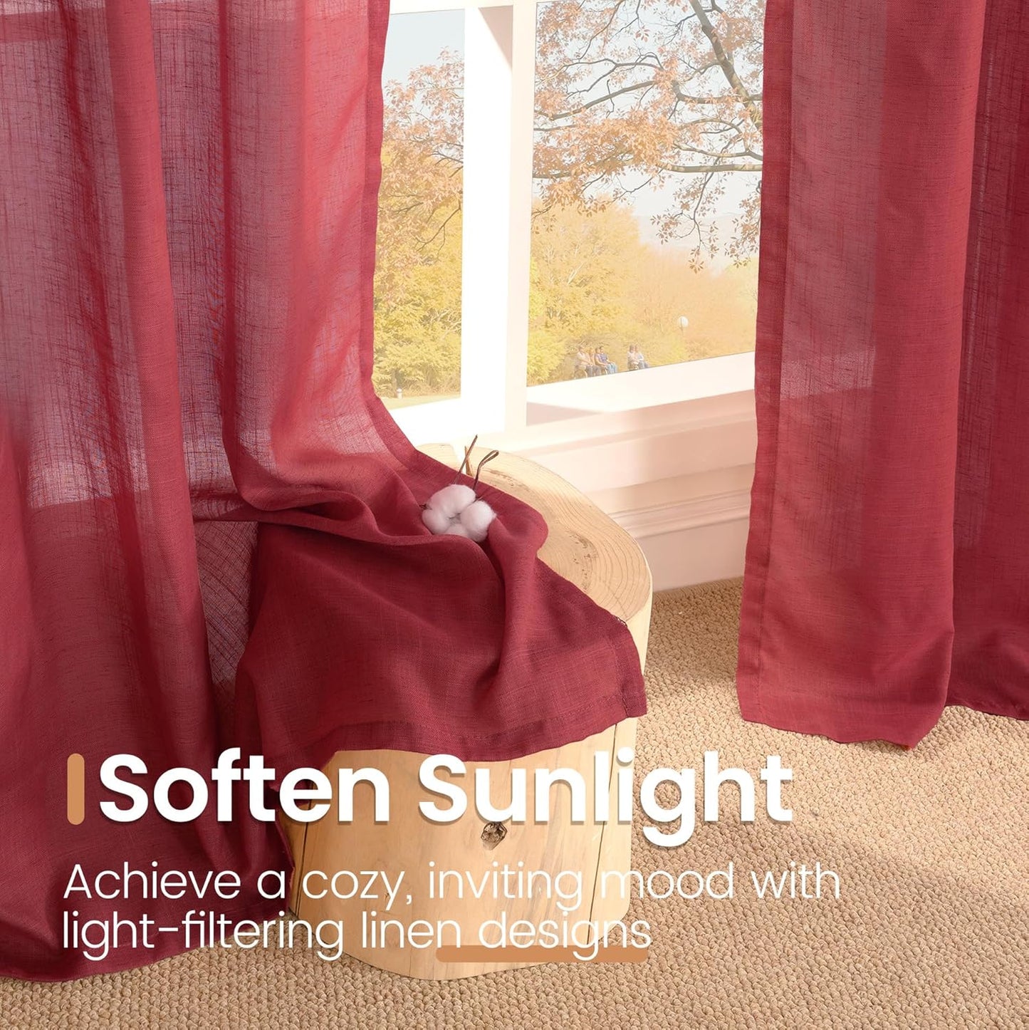 BGment Burgundy Linen Semi Sheer Curtains for Living Room 84 Inch Length 2 Panels Set, Christmas Window Drapes Light Filtering with Rod Pocket for Bedroom Decor Lightweight, 52 X 84 Inch