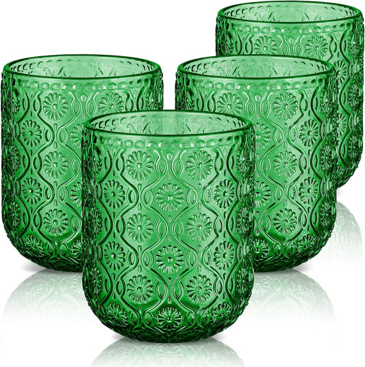 Joeyan Small Drinking Glasses,Vintage Green Embossed Floral Water Glass Tumbler Cups,Colored Beverages Cocktail Juice Wine Glassware,9 oz,Set of 4,Dishwasher Safe