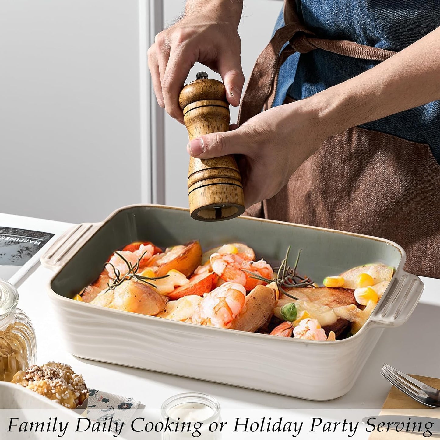 Ceramic Baking Dish Set of 3, Casserole Dishes for Oven, Square Porcelain Bakeware Set with Handles, Lasagna Baking Pan for Cooking, Perfect for Baking and Serving, Housewarming, Halloween, Thanksgiving, Christmas, New Year-White&Green