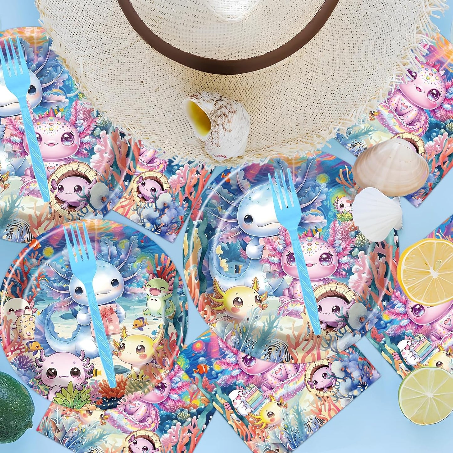 Rakuto Colorful Axolotl Birthday Decorations - 96PCS Axolotl Party Plates Napkins Forks Disposable Tableware Set, Cute Colorful Animals Themed Birthday Party Decorations Decor Supplies (Serve 24)