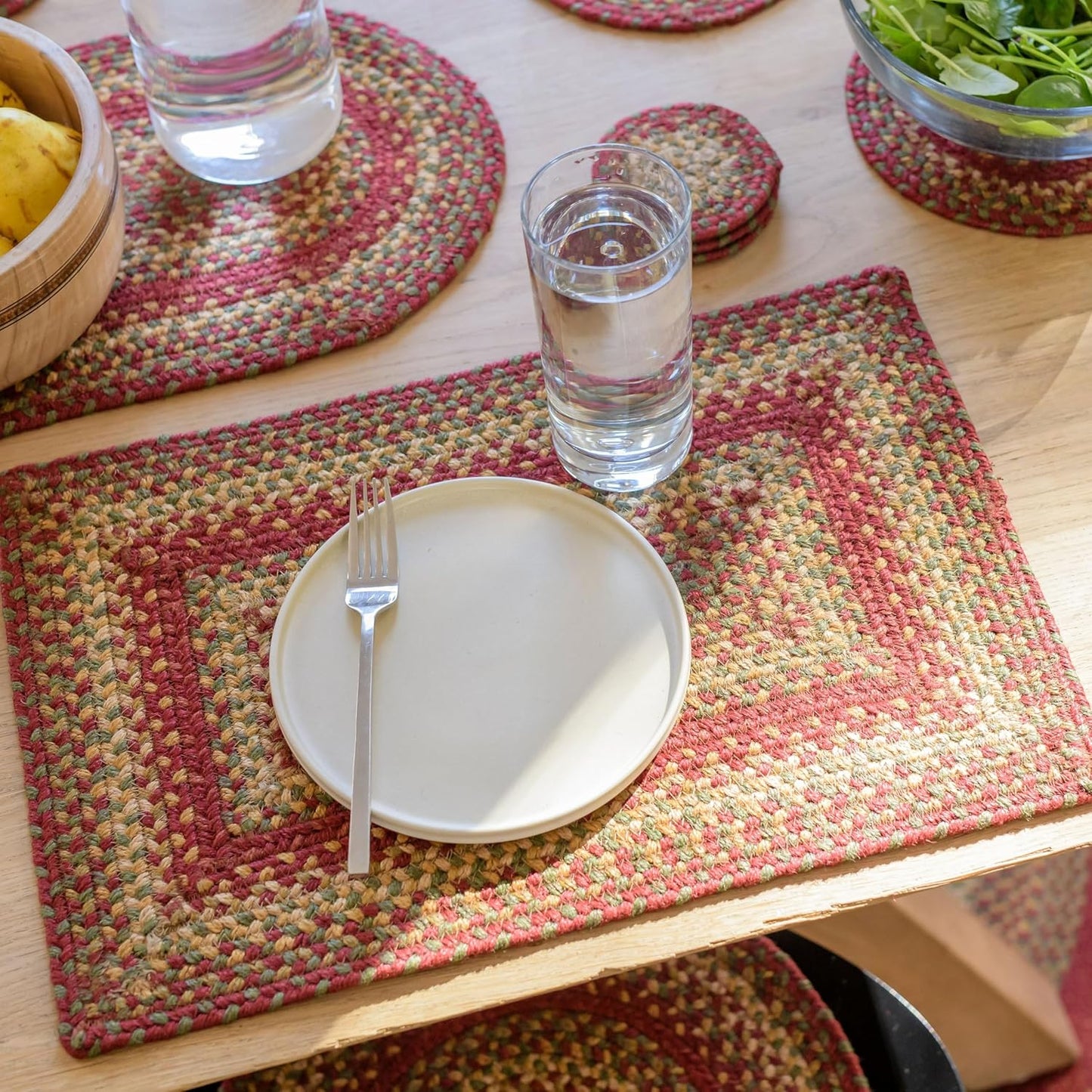 Homespice Cider Barn Jute Woven Placemats, Warm Country Rustic Decor, Set of 4, Red 13x19 Rectangle Table Mats - Vibrant Colors, Durable, Easy to Clean and Protects Furniture
