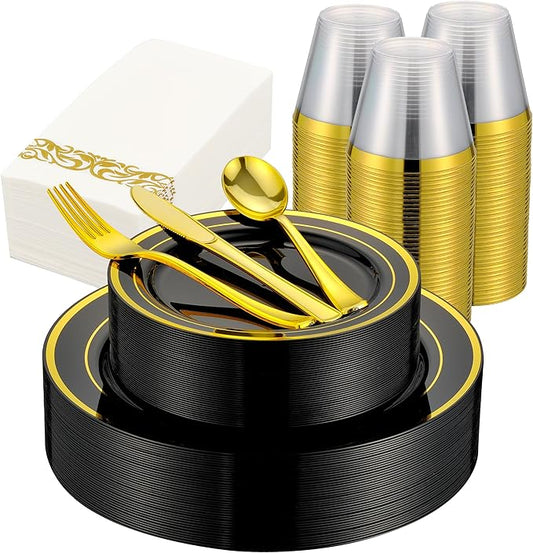 350 PCS Black and Gold Dinnerware Set for 50 Guests, Black Disposable Plates with Gold Rim for Party Wedding-50 Dinner Plates, Dessert Plates, Silverware Set,Napkins and Cups