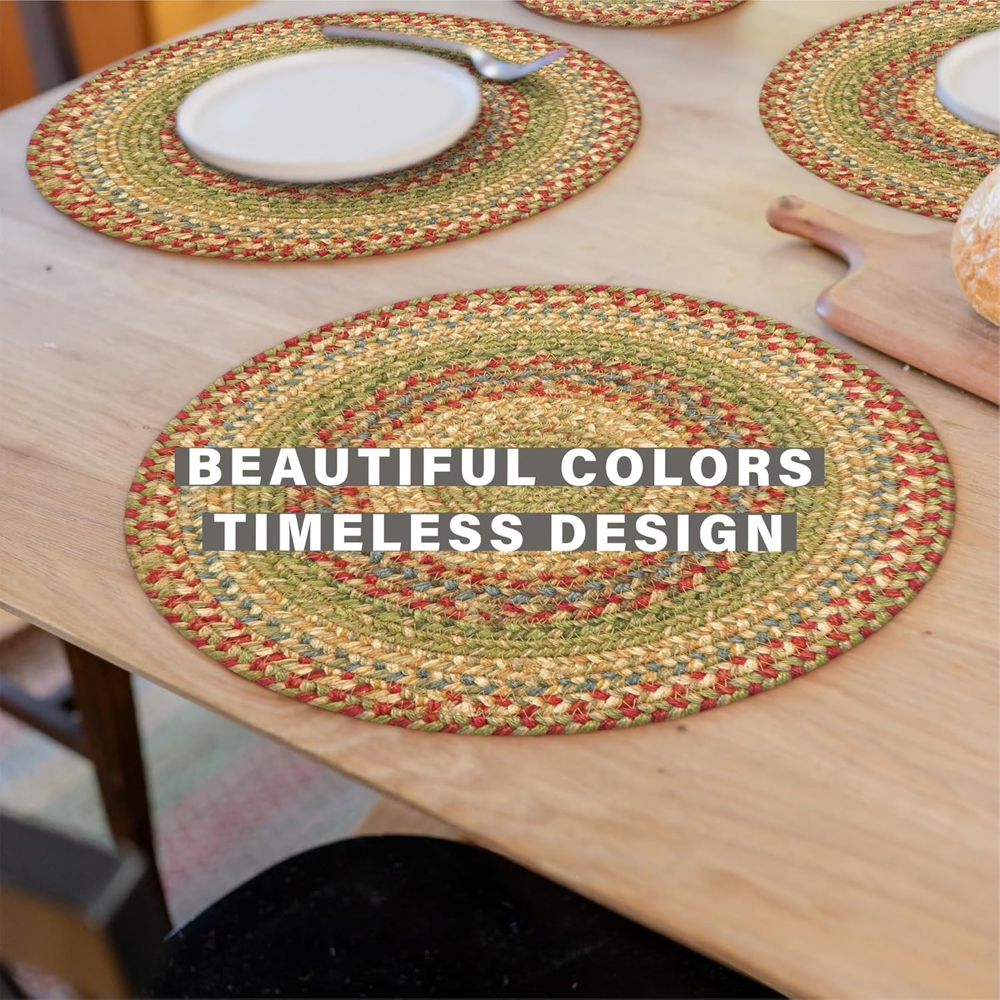Azalea Jute Woven Round Placemats Set of 6, 15", Warm Country Primitive Decor, Multicolor Table Mats - Vibrant Colors, Durable, Easy to Clean and Protects Furniture