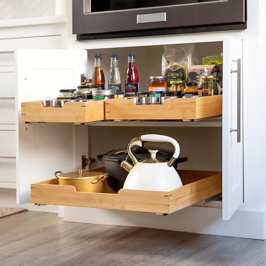 HOLDN’ STORAGE Bamboo Wooden Pull out Cabinet Organizer.14”W x 21”D - Requires At Least a 15.25:W x 21" D. Cabinet Opening. W/Lifetime Limited Warranty. Bamboo Tray and Heavy gauge metal rails.