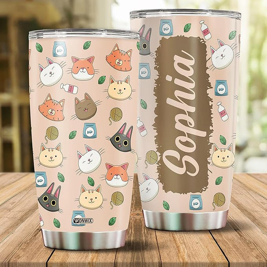 Personalized Cat Tumbler Gifts for Girls Kids Daughter 20oz Travel Cup Coffee Mug Stainless Steel Insulated with Lid Custom Name Watter Bottle Gift for Cat Lover