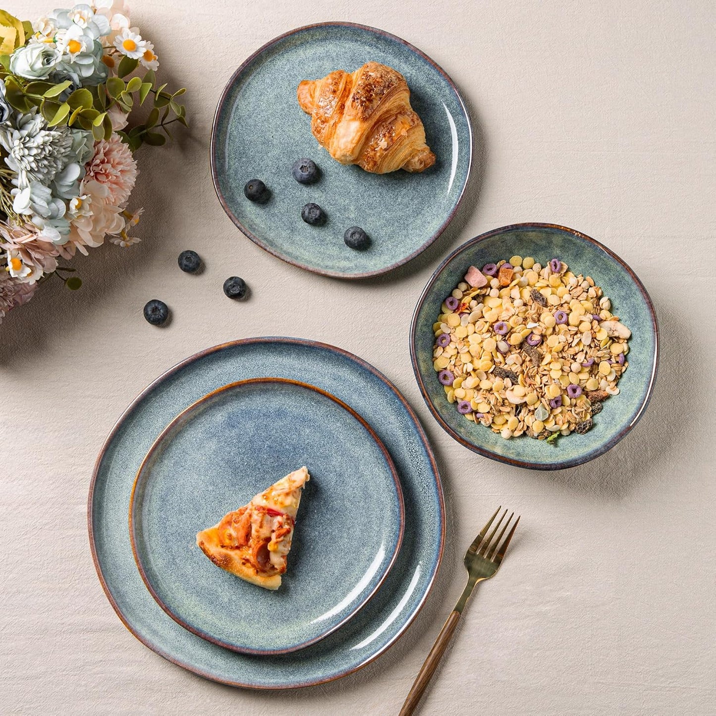 AmorArc Ceramic Dinnerware Sets,Handmade Reactive Glaze Stoneware Plates and Bowls Sets,Highly Chip and Crack Resistant | Dishwasher & Microwave Safe Dishes Set,Service for 4 (12pc)