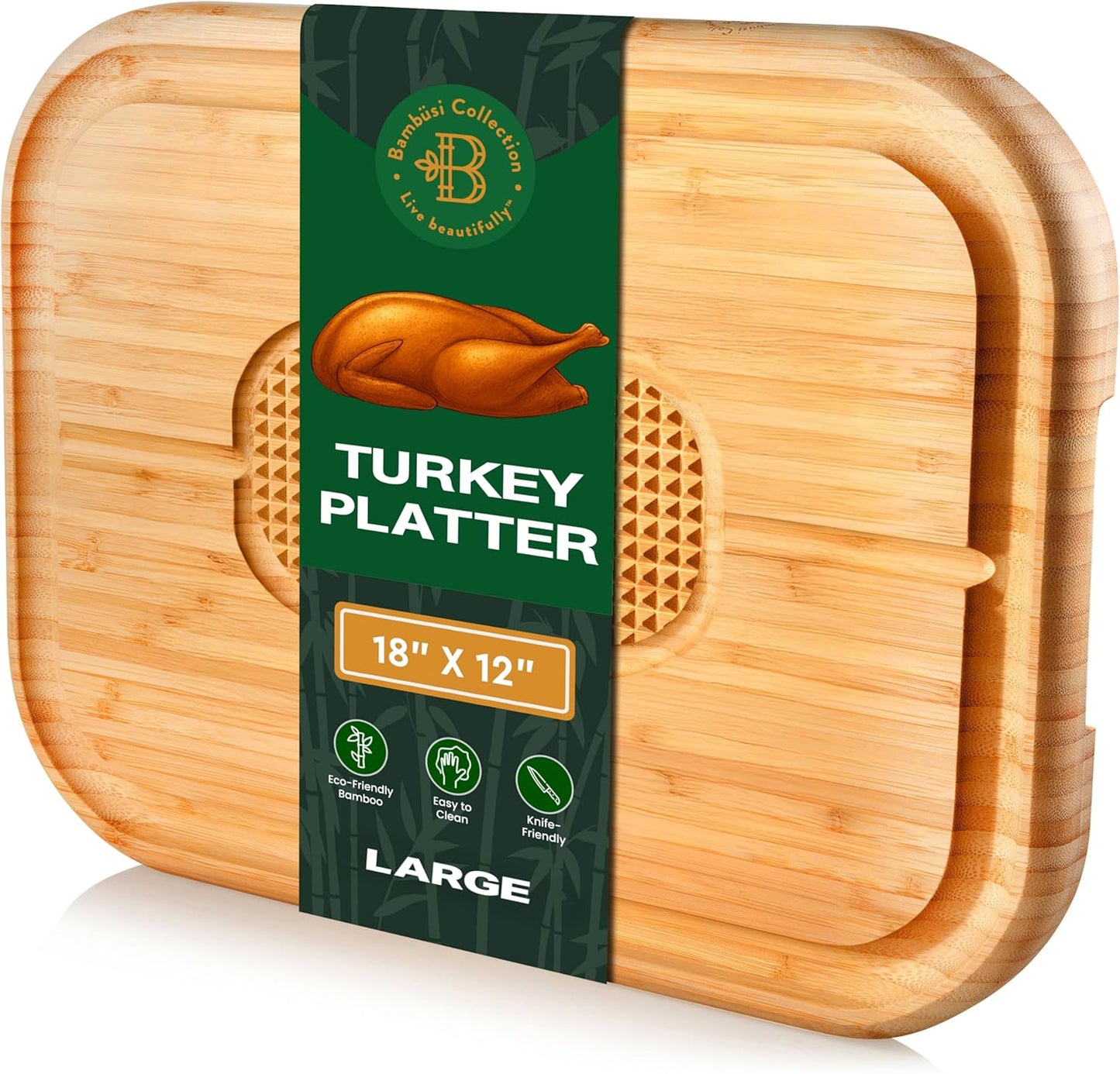 Turkey Platter for Thanksgiving - Bamboo Meat Cutting & Carving Board for BBQ & Grilling - Heavy Duty Reversible Butcher Block with Juice Groove, Spikes & Grid Grip - Kitchen Gift, Large, 18" x 12"