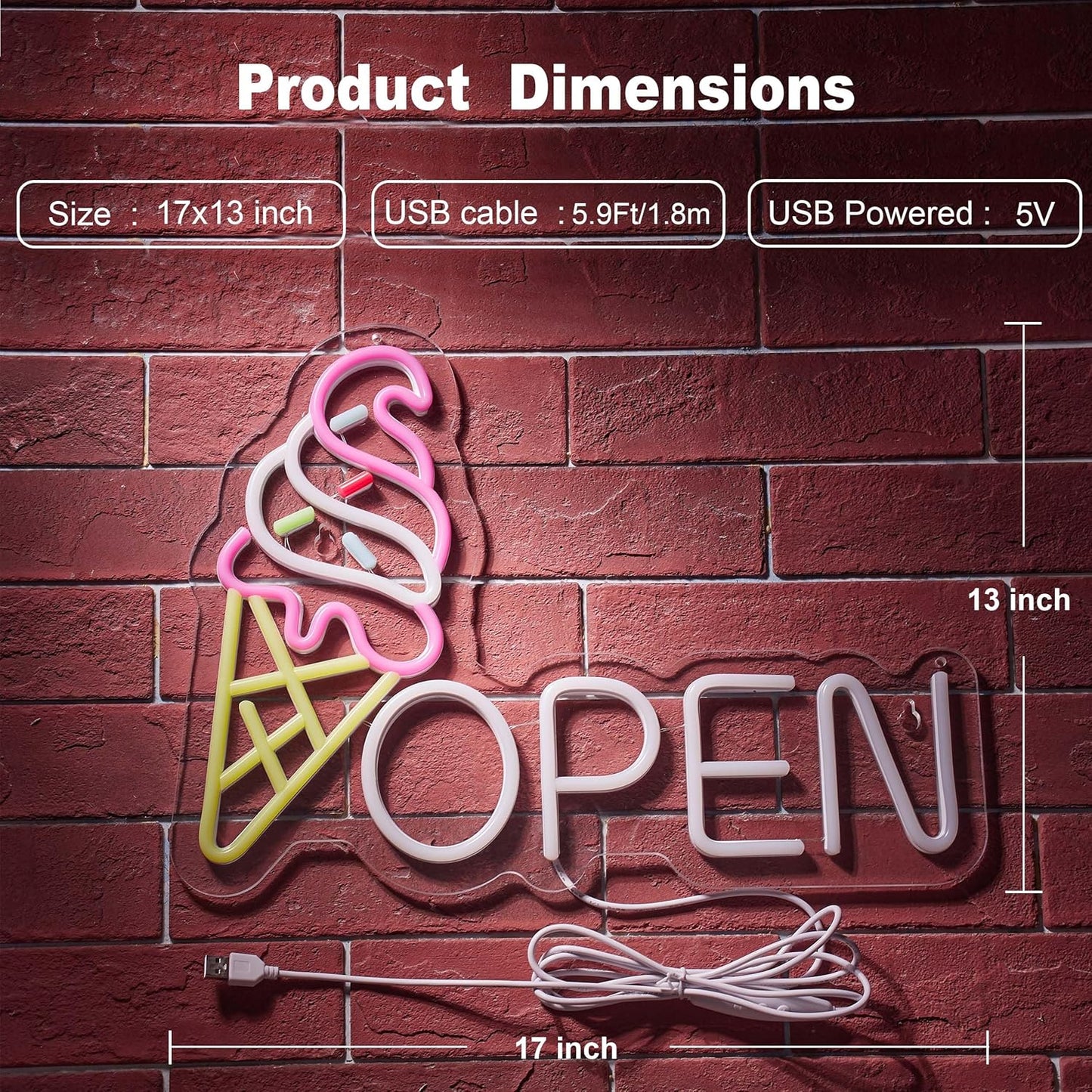 Ice Cream Open Neon Sign for Wall Décor Dimmable Business Store Drink Shop LED Neon Light USB Powered Neon Art Signs Decor