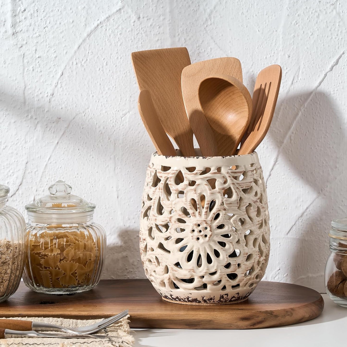 Farmhouse Kitchen Utensil Holder for Kitchen Counter, Ceramic Large Cooking Utensil Crock with Cork Mat, Countertop Cooking Tool Spatula Organizer, Beige Antique Design