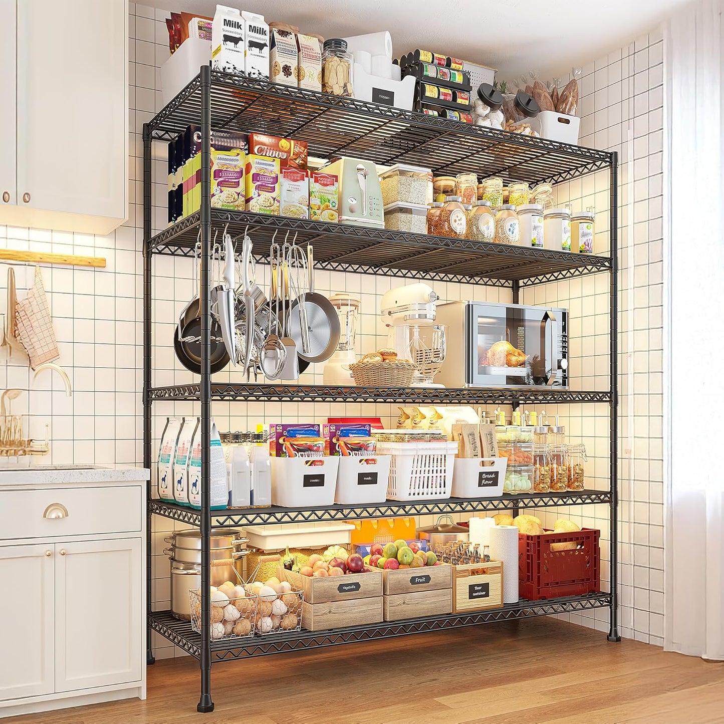 REIBII 45.8''W Storage Shelves Wire Shelving,5Tier Shelves Organizer, Sturdy Metal Garage Shelving, Adjustable Storage Rack for Pantry Kitchen Steel Shelving, 45.8" W x 71" H x 17.2" D