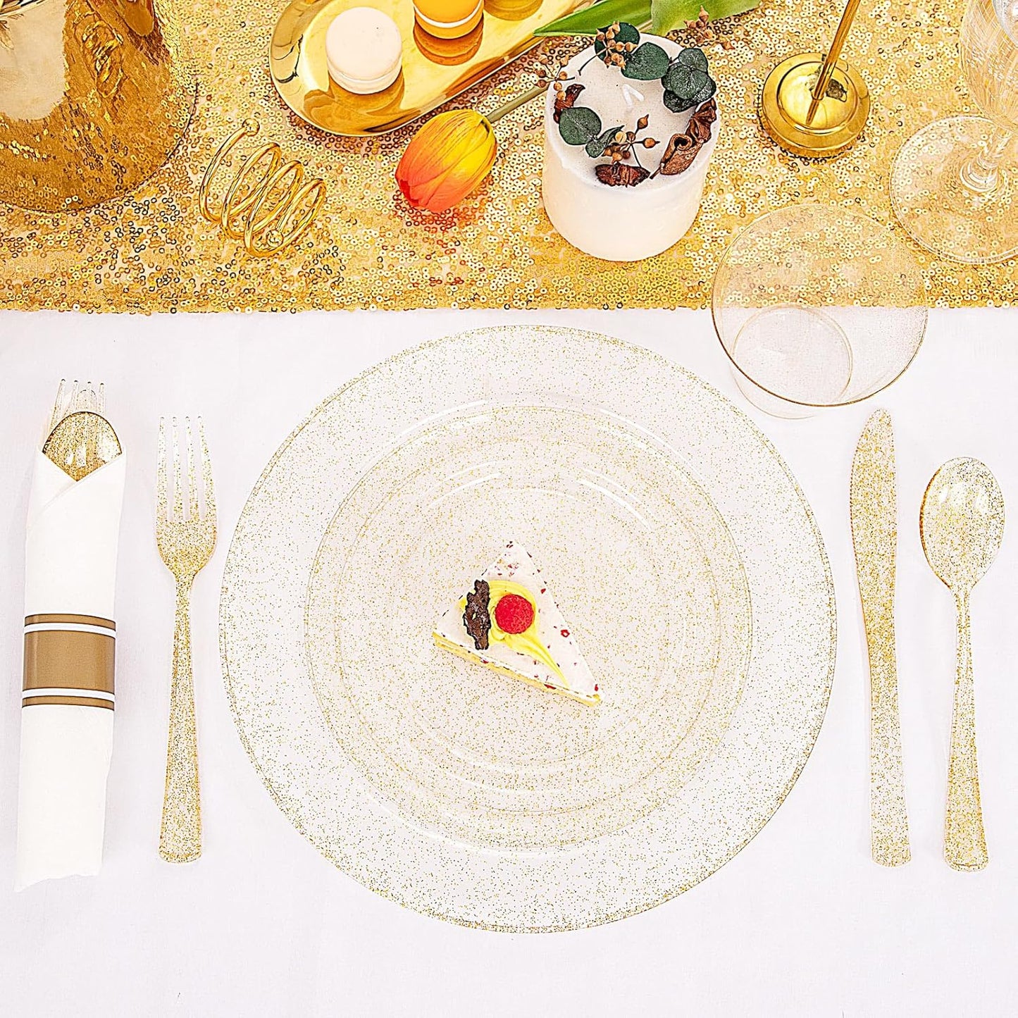 DaYammi 112Pcs Gold Glitter Plastic Plates,Gold Disposable Dinnerware-Thanksgiving Plastic Plates Includes 16 Dessert Plate,16 Dinner Plate,16 Per Rolled Napkins with Cutlery and Cups for Party