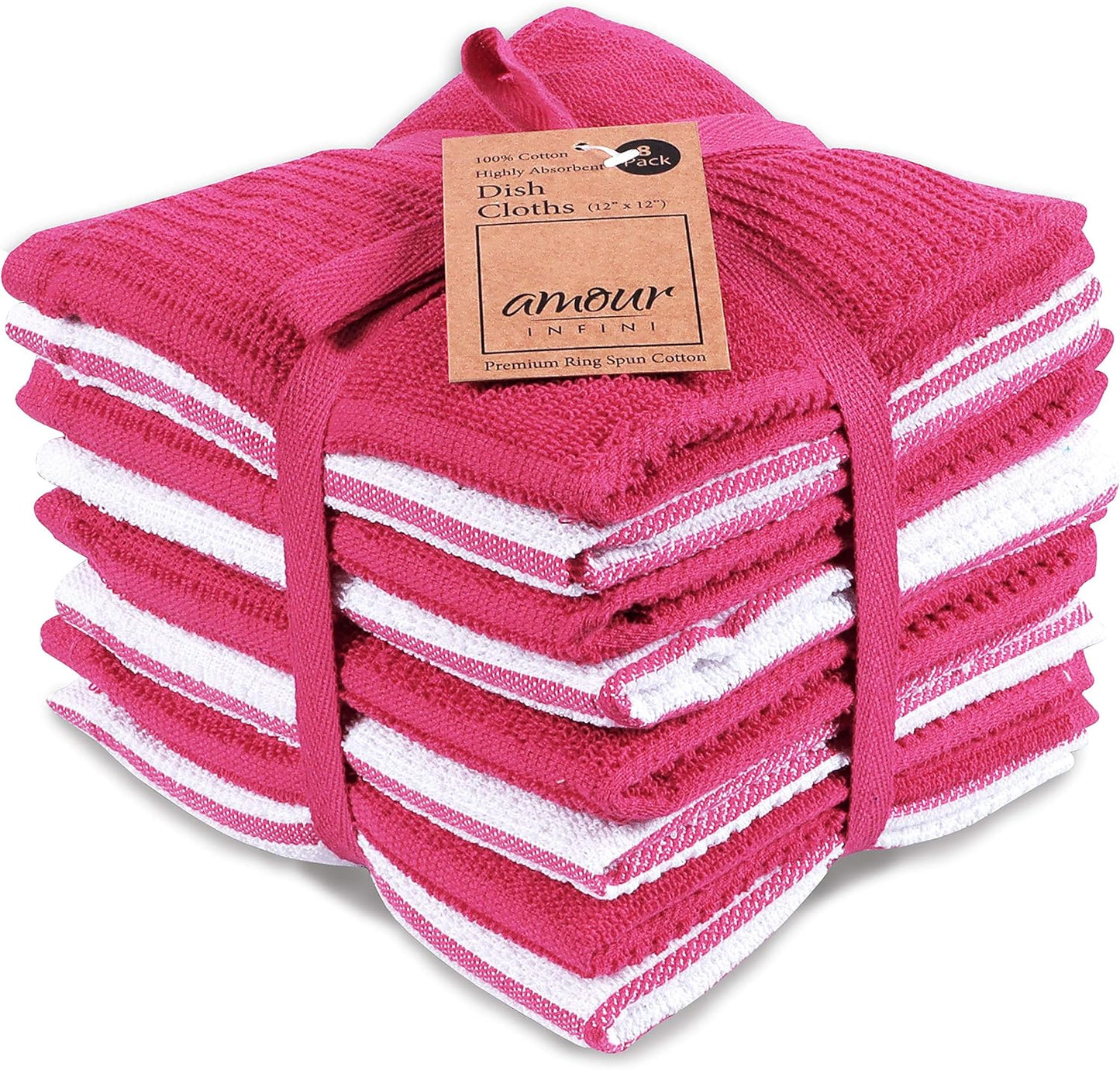 AMOUR INFINI Dish Cloths for Washing Dishes Set of 8 - Highly Absorbent, Super Soft Kitchen Dishcloths - Reusable Quick Dry Dish Rags for Cleaning & Drying Kitchen Linens (12x12 Inch - Pink)