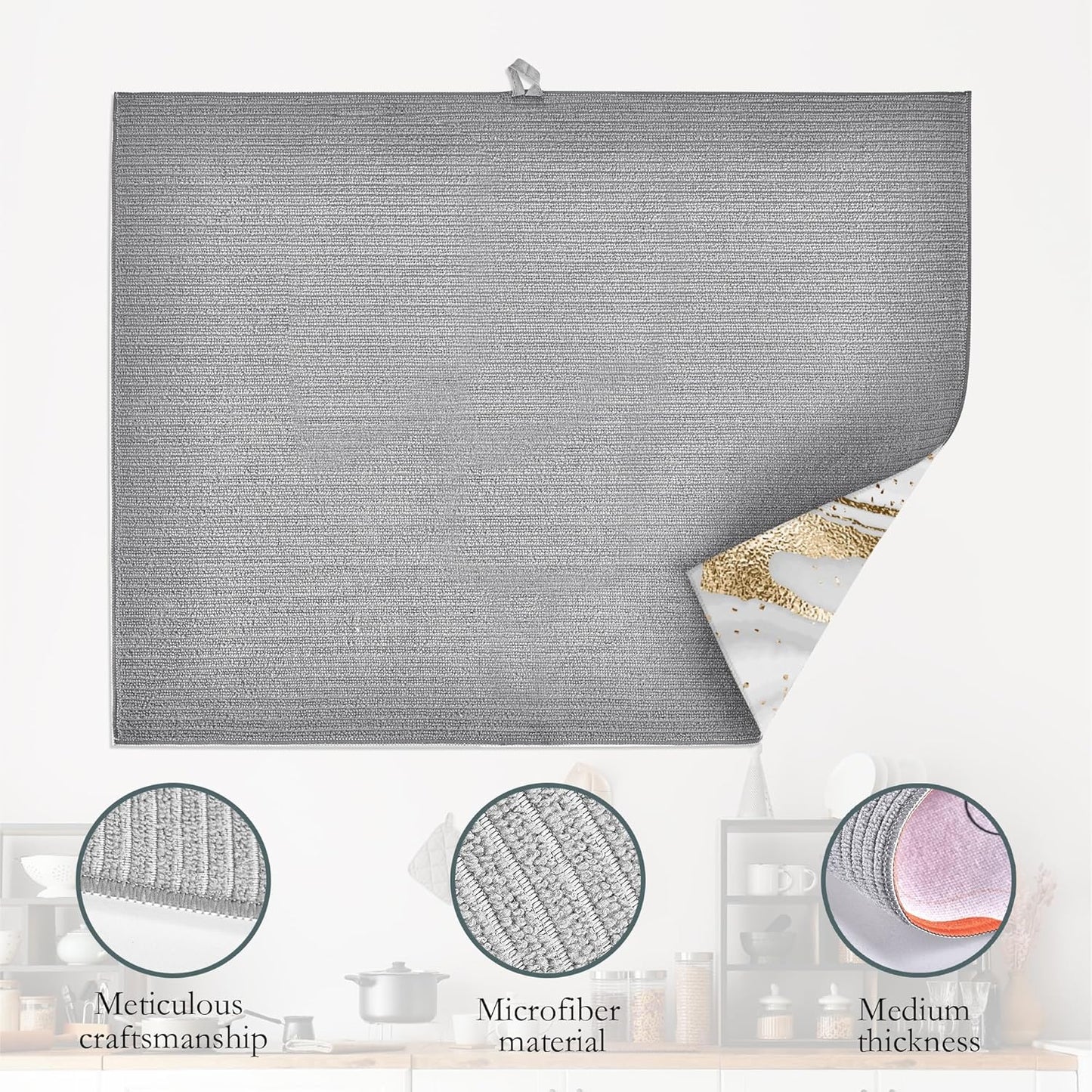 White Gold Marble Dish Drying Mats 18x24 Inch, Dish Pad Drying Rack Mat for Kitchen Counter Ultra Absorbent Microfiber Dishware Coffee Maker Bar Countertop Decor