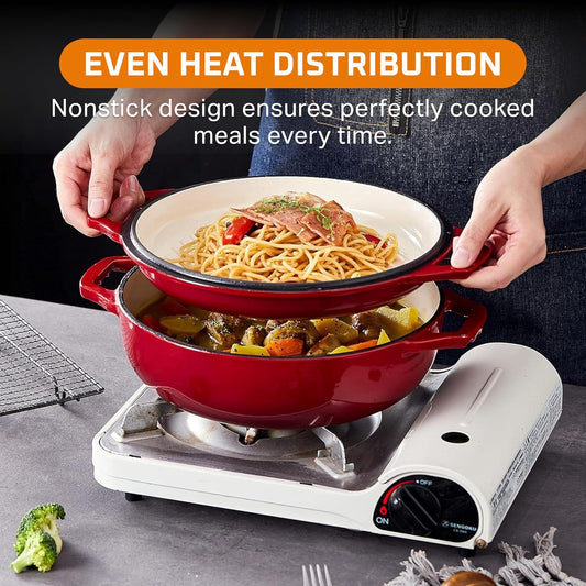 Bruntmor 2-in-1 Pre-Seasoned Cast Iron Pan |Cocotte Double Braiser Pan with Grill Lid 3.3 Quarts - Barbecue Grill Non Stick Frying Pan - Nonstick Cookware Set with Wide Handle (Red)