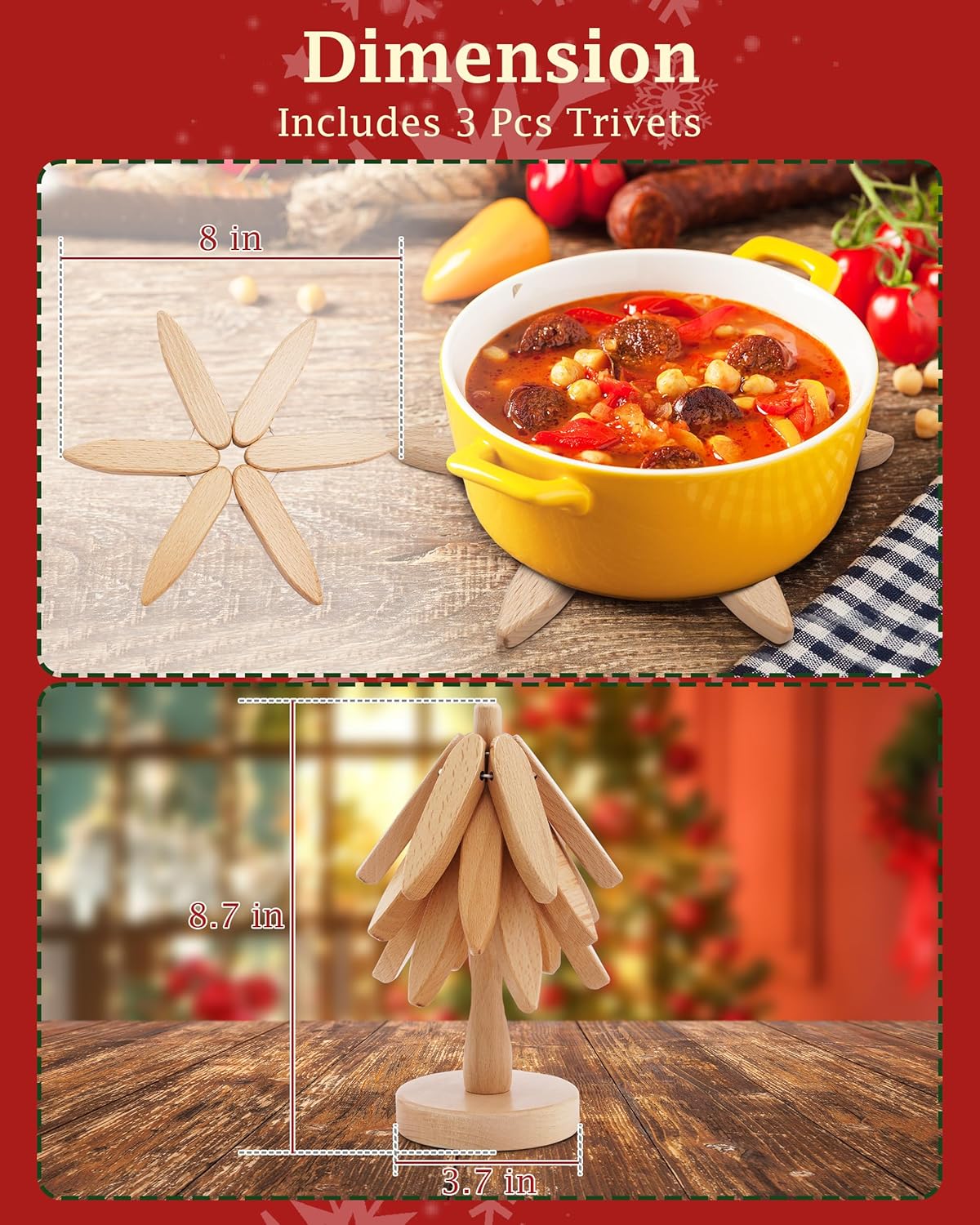 Wooden Trivets Tree for Hot Dishes, Set of 3 Natural Wood Coaster for Hot Pots and Pans, Christmas Tree-Shaped Stackling Trivets with Organizer, 8 Inch Decorative Wooden Hot Pads, 3PCS Light Wood