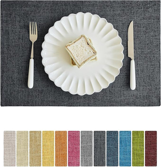 Softalker Faux Linen Placemats Set of 4-12 x 18 Inch, Heat Resistant Double Layered Durable Burlap Farmhouse Place Mats, Non-Slip Washable Rustic Table Mats for Dining, Kitchen, Party（Dark Grey