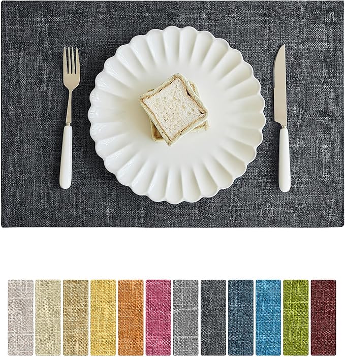 Softalker Faux Linen Placemats Set of 8-12 x 18 Inch, Heat Resistant Double Layered Durable Burlap Farmhouse Place Mats, Non-Slip Washable Rustic Table Mats for Dining, Kitchen, Party（Dark Grey