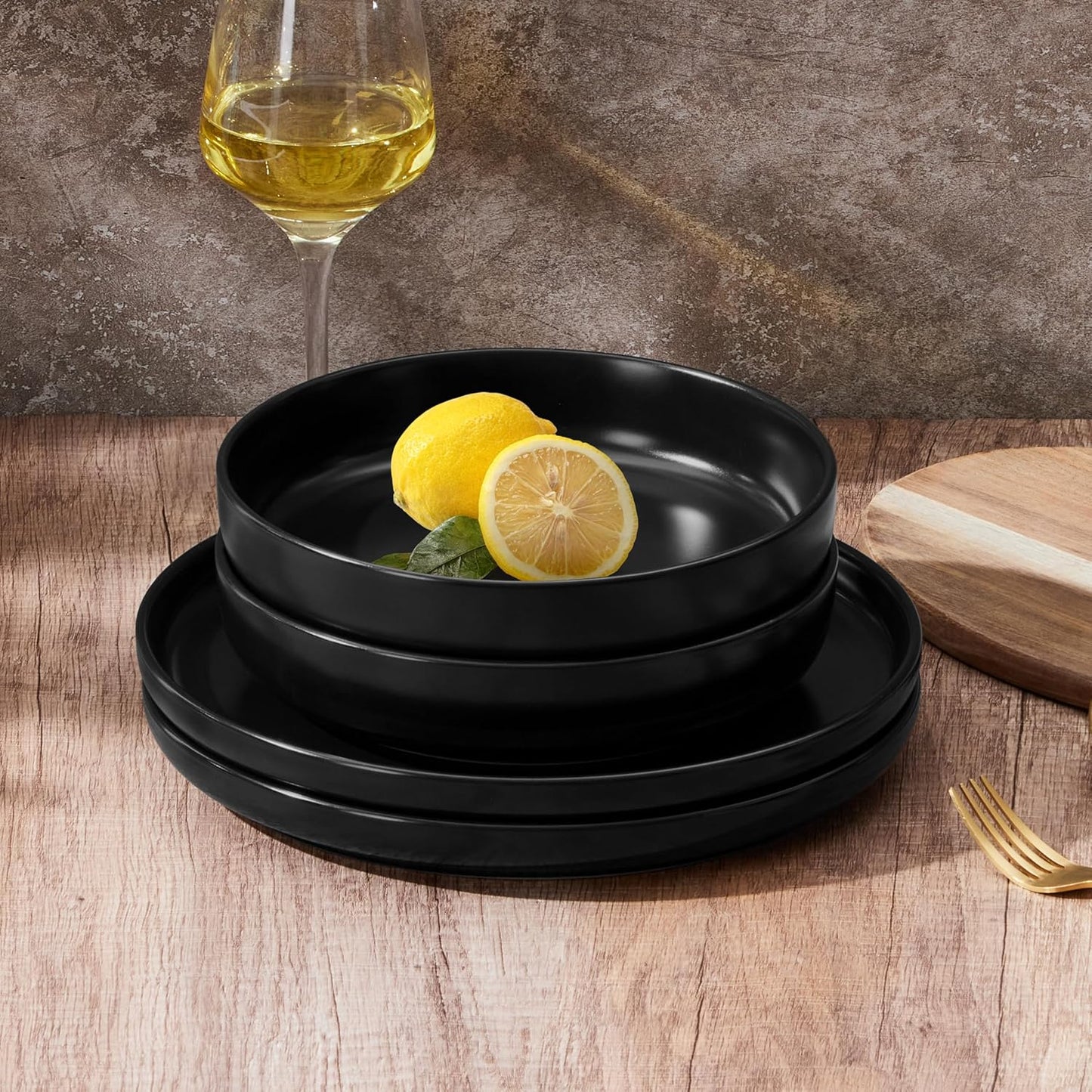 E-far Pasta Bowls Set of 4-35oz Ceramic Large Serving Salad Bowls, Wide & Shallow Stoneware Pasta Plates for Salad, Soup, Dinner| Dishwasher & Microwave Safe | Matte Black