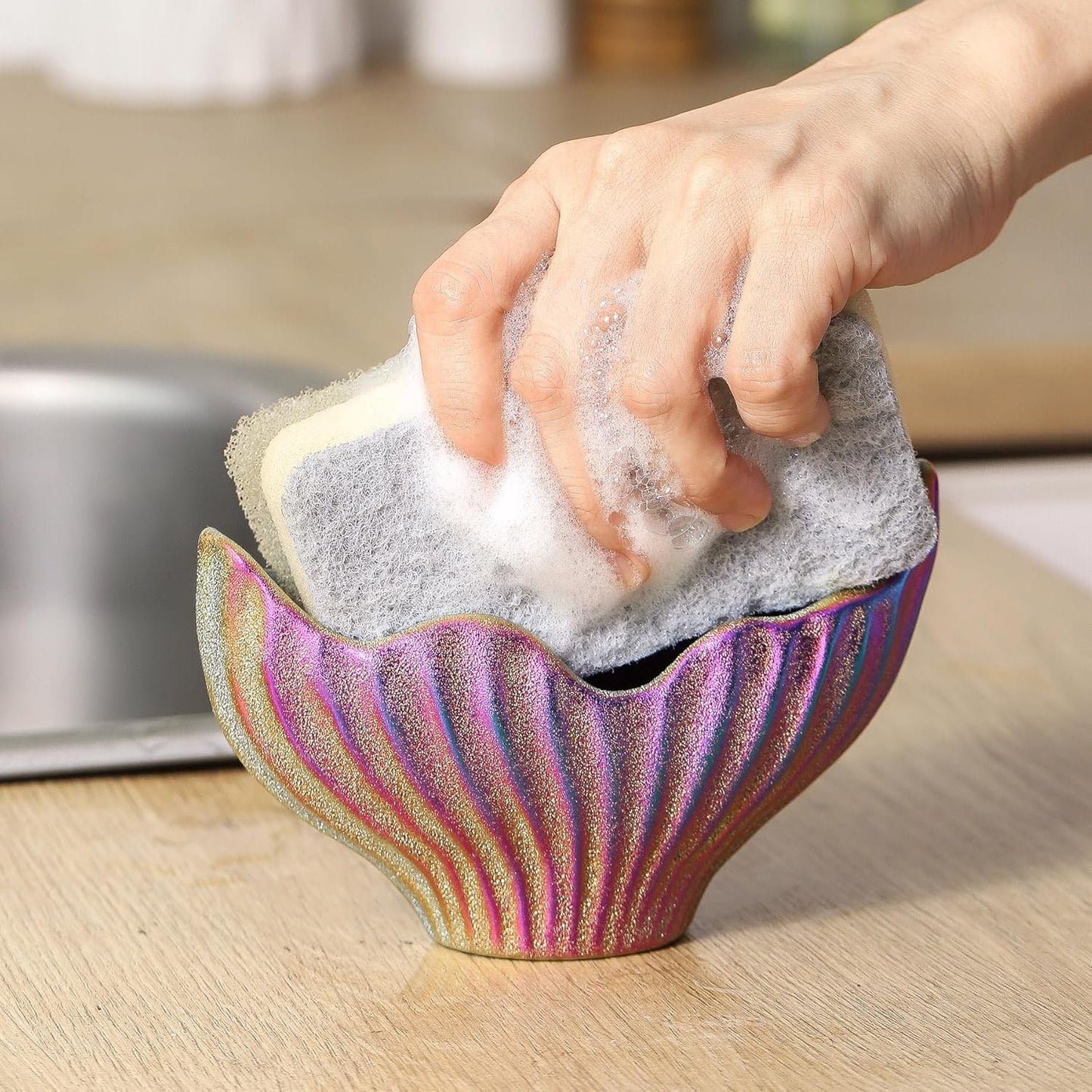 Sponge Holder for Kitchen Sink, Ceramic Dish Sponge Holder with Fishtail Design, Sink Caddy Organizer for Countertop, Farmhouse Kitchen Decor, Compact Counter Dish Caddy (Rainbow)