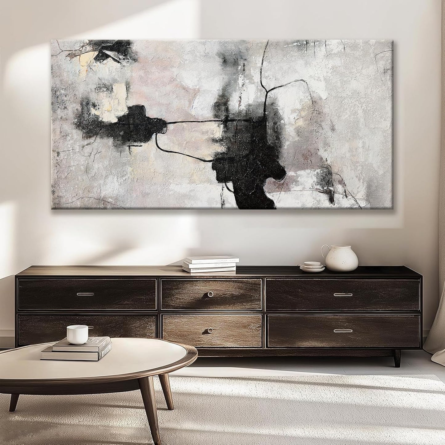 QSQ Black And Off-White Large Abstract Wall Art For Living Room Decor Grunge Room Decor Art Canvas Art Wall Decor 29" X 58" Painting Wall Art For Bedroom Home Office Artwork